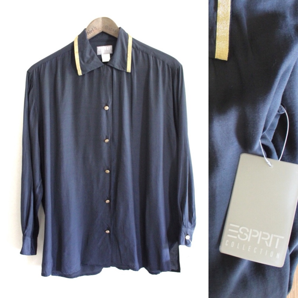 Esprit Navy Gold Embellished Button Up Small NWT